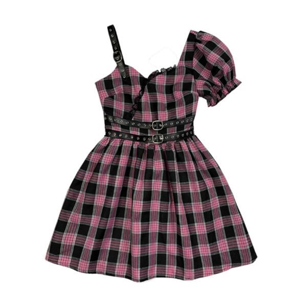 

gothic women harajuku fashion asymmetric pink plaid bubble sleeve dress female lolita temperament slim sweet kawaii dress c0304, Black;gray