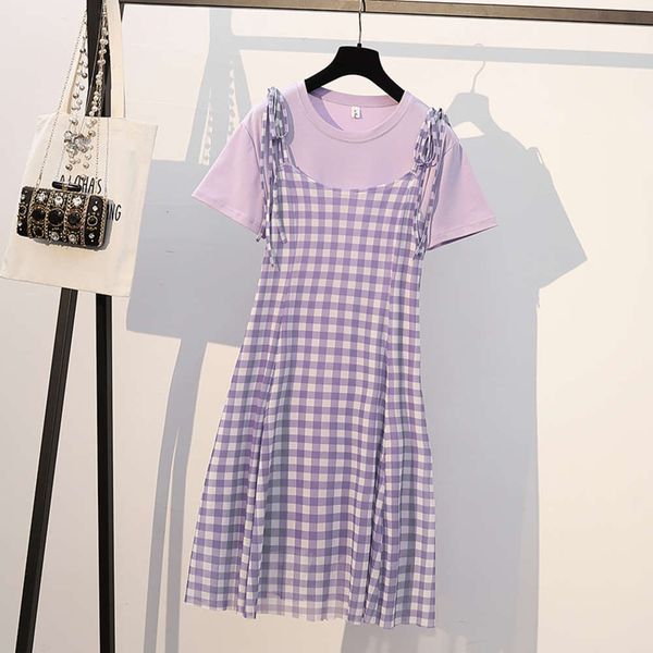 2021 summer new large size foreign style slim and fat mm loose versatile t-shirt purple plaid suspender skirt, Black;gray
2021 summer new large size foreign style slim and fat mm loose versatile t-shirt purple plaid suspender skirt, Black;gray
