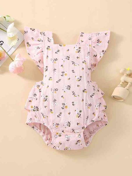 baby floral print ruffle trim bodysuit she, Blue 
baby floral print ruffle trim bodysuit she, Blue