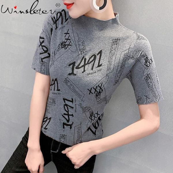women's t-shirt summer knit women print graffiti letters mock neck short sleeve elastic slim tees 2021 t13405a, White
women's t-shirt summer knit women print graffiti letters mock neck short sleeve elastic slim tees 2021 t13405a, White