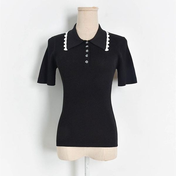 women's sweaters designer knitted pullovers for women turn down collar contrast color corrugated short sleeve top, White;black
women's sweaters designer knitted pullovers for women turn down collar contrast color corrugated short sleeve top, White;black