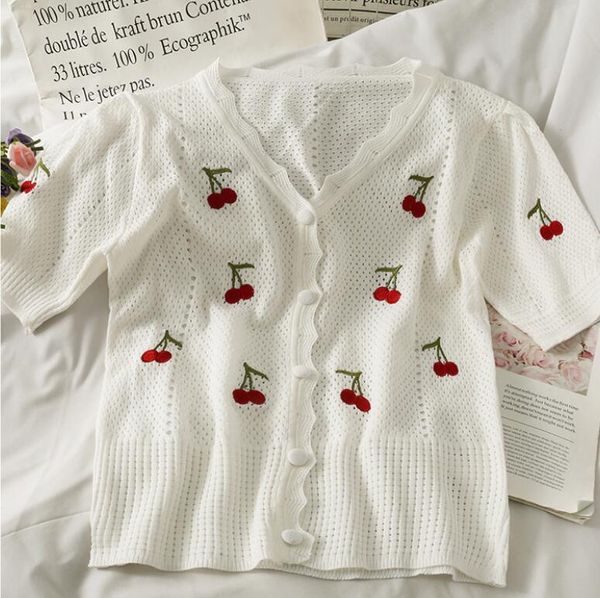 women's t-shirt summer sweet cherry embroidered hollow out perspective short-sleeved knitted single-breasted, White
women's t-shirt summer sweet cherry embroidered hollow out perspective short-sleeved knitted single-breasted, White