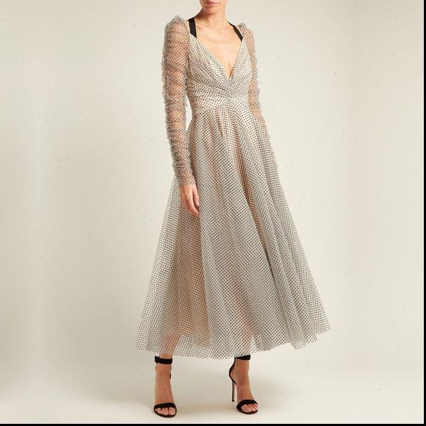 2021 runway deep v neck hanging neck backless lace up polka dot tulle dress women vintage princess puff sleeve party long dress, Black;gray 
2021 runway deep v neck hanging neck backless lace up polka dot tulle dress women vintage princess puff sleeve party long dress, Black;gray