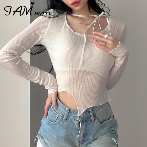 women's t-shirt lace up crewneck thin knitted women translucent asymmetrical pullovers long sleeve casual cropped tees iamty, White
women's t-shirt lace up crewneck thin knitted women translucent asymmetrical pullovers long sleeve casual cropped tees iamty, White