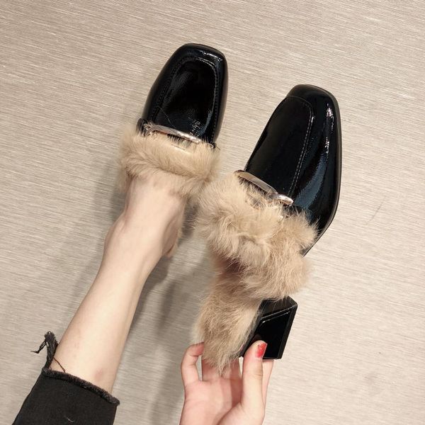 square toe rivet fur shoes med woman's slippers female mule luxury slides heeled mules plush block cover 2021 designer high meta, Black
square toe rivet fur shoes med woman's slippers female mule luxury slides heeled mules plush block cover 2021 designer high meta, Black