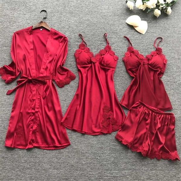 pajama set for women luxury satin sleepwear embroidery flowers home wear 4 pieces pyjamas vest+coat+shorts silk nightwear 211106, Black;red
pajama set for women luxury satin sleepwear embroidery flowers home wear 4 pieces pyjamas vest+coat+shorts silk nightwear 211106, Black;red
