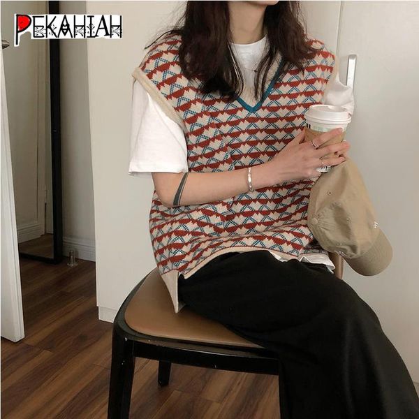 women's sweaters vintage print vest pullover knitted sweater women college style sweet cute sleeve oversize chic, White;black
women's sweaters vintage print vest pullover knitted sweater women college style sweet cute sleeve oversize chic, White;black
