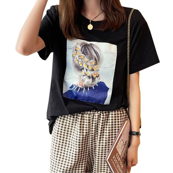 women's t-shirt fashion women summer character girl print pattern applique three-dimensional hair accessories sequin o-neck short-sleev, White
women's t-shirt fashion women summer character girl print pattern applique three-dimensional hair accessories sequin o-neck short-sleev, White