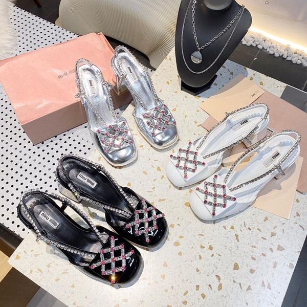 dress shoes silver white black women's sandals 2021 coarse-heeled water drill bag back empty