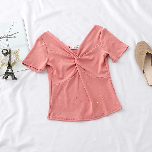 basic t shirt women casual loose solid v-neck short sleeve twist front crop tee daily school office poleras mujer 210601, White
basic t shirt women casual loose solid v-neck short sleeve twist front crop tee daily school office poleras mujer 210601, White