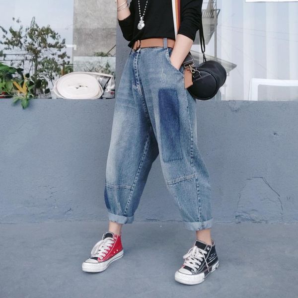 women's jeans color patchwork denim harem pants loose elastic waist ankle-length female size ladies design clothes, Blue
women's jeans color patchwork denim harem pants loose elastic waist ankle-length female size ladies design clothes, Blue