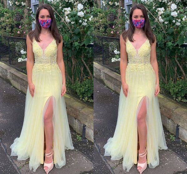 fashion light yellow side slit long prom graduation dresses with sheer straps v neck a line tulle applique lace ruched beaded party pageant, Black
fashion light yellow side slit long prom graduation dresses with sheer straps v neck a line tulle applique lace ruched beaded party pageant, Black