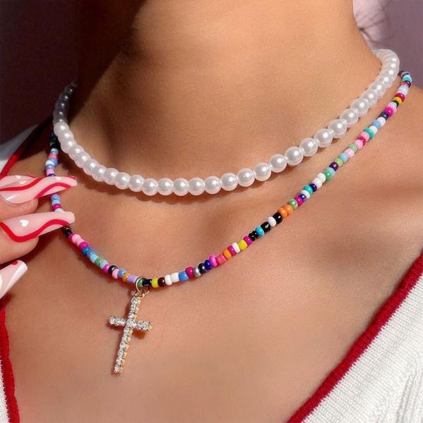 chains trendy cross pendent handmade beaded necklace boho vitage multi-layer imitation pearls choker necklaces for women jewelry, Silver
chains trendy cross pendent handmade beaded necklace boho vitage multi-layer imitation pearls choker necklaces for women jewelry, Silver