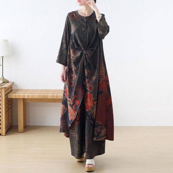 women's two piece pants fairynatural ladies vintage print floral suit silk irregular o-neck women and elastic waist wide leg long, White
women's two piece pants fairynatural ladies vintage print floral suit silk irregular o-neck women and elastic waist wide leg long, White
