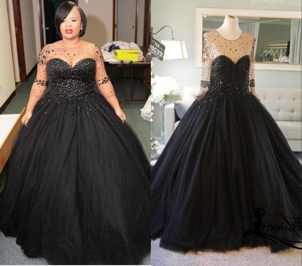luxury beaded black wedding dresses gothic jewel sheer neck with 3/4 long sleeves tulle a line floor length plus size wedding gown vestido, White
luxury beaded black wedding dresses gothic jewel sheer neck with 3/4 long sleeves tulle a line floor length plus size wedding gown vestido, White