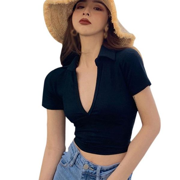 women's t-shirt summer deep v neck sweet solid color slim suit collar exposed navel knitted short sleeve, White
women's t-shirt summer deep v neck sweet solid color slim suit collar exposed navel knitted short sleeve, White