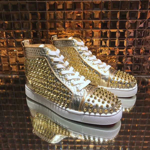 genuine leather full spikes red bottom high sneakers men women luxury party wedding no limited skateborad walking with boxes,eu35-47, Black
genuine leather full spikes red bottom high sneakers men women luxury party wedding no limited skateborad walking with boxes,eu35-47, Black