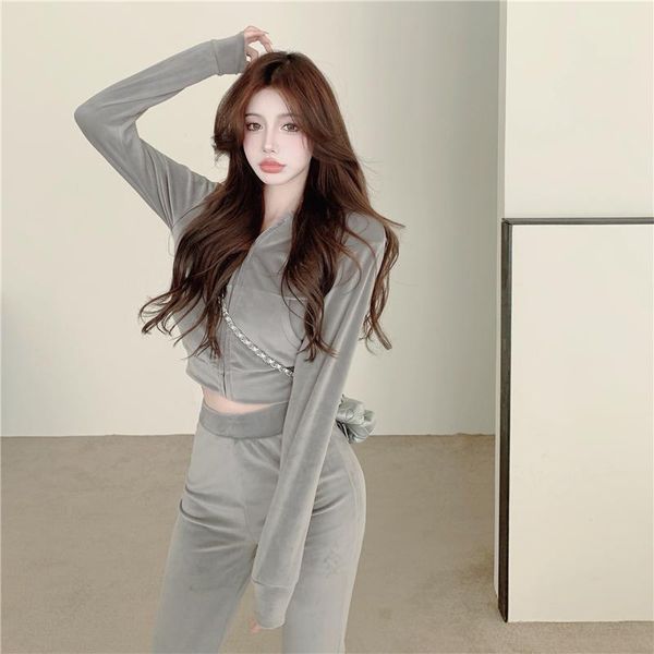 women's two piece pants velvet solid women hoodie 2 pieces set long sleeve zipper hooded+high waist femme matching suit autumn loose ca, White 
women's two piece pants velvet solid women hoodie 2 pieces set long sleeve zipper hooded+high waist femme matching suit autumn loose ca, White