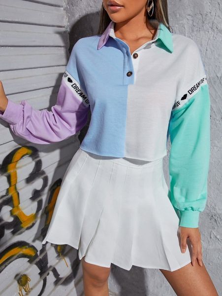 collared buttoned front colorblock letter and heart print sweatshirt 49zc#, White;black