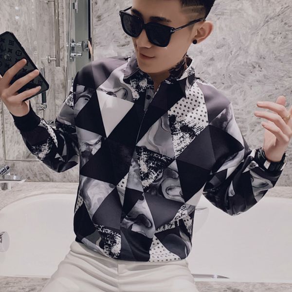 autumn men's chemise homme diamond trellises long casual sleeve loose streetwear shirt social party male blouse 647n, White;black
autumn men's chemise homme diamond trellises long casual sleeve loose streetwear shirt social party male blouse 647n, White;black