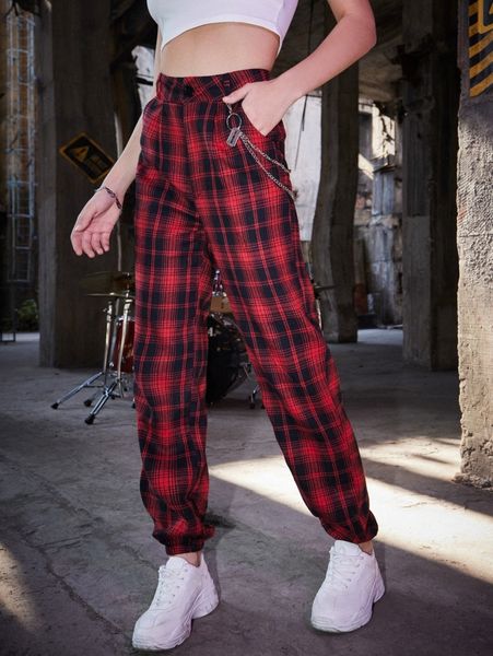 romwe tartan print pants q85l#, Black;white