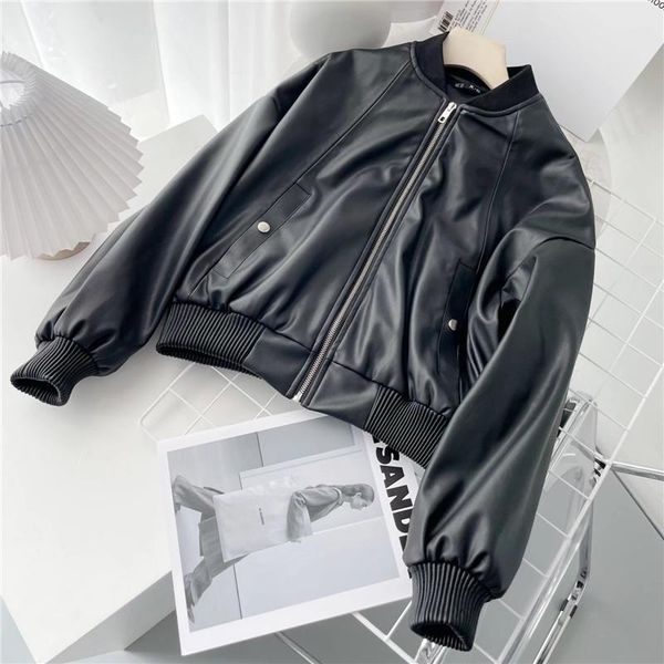 women's leather & faux autumn short women jacket washed pu motorcycle biker coat slim female casual bomber jackets chaqueta mujer, Black
women's leather & faux autumn short women jacket washed pu motorcycle biker coat slim female casual bomber jackets chaqueta mujer, Black