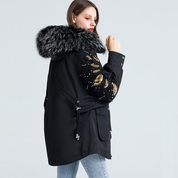 women's fur & faux parka drawstring waisted coat real raccoon collar liner mid-length hooded winter jacket 2021, Black
women's fur & faux parka drawstring waisted coat real raccoon collar liner mid-length hooded winter jacket 2021, Black