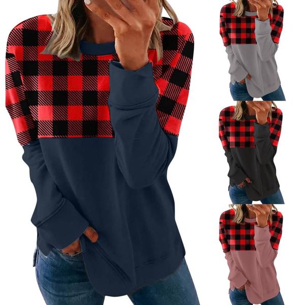 women's long sleeve sweatshirt fashion girl's stitching plaid printing pullover casual loose round collar, Black
women's long sleeve sweatshirt fashion girl's stitching plaid printing pullover casual loose round collar, Black