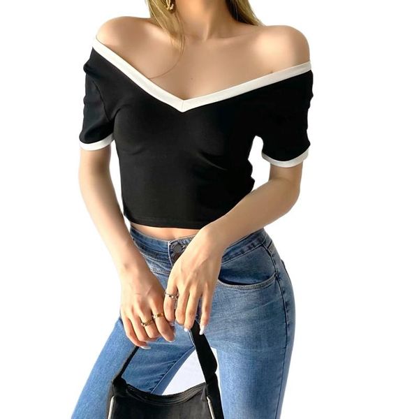 women's t-shirt 2021 summer double v-neck short slim fit sports contrast sleeve women, White
women's t-shirt 2021 summer double v-neck short slim fit sports contrast sleeve women, White