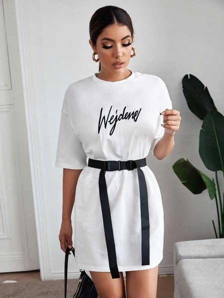 letter graphic tee dress with belt a4ew#, Black;gray