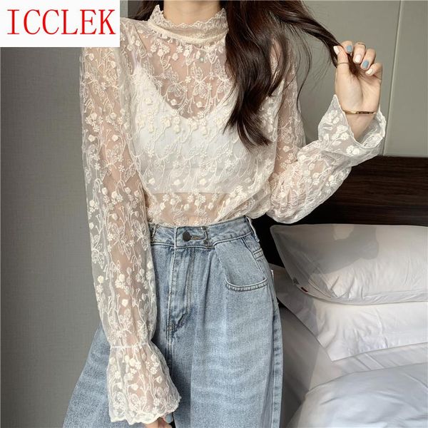 women's blouses & shirts lace bottomed blouse with long sleeves for women in summer and french gauze cut-out spring autumn 2021, White
women's blouses & shirts lace bottomed blouse with long sleeves for women in summer and french gauze cut-out spring autumn 2021, White