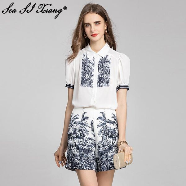 women's tracksuits seasixiang fashion designer summer suit women turn-down collar short sleeves pleat + beading shorts print two piece, Gray
women's tracksuits seasixiang fashion designer summer suit women turn-down collar short sleeves pleat + beading shorts print two piece, Gray