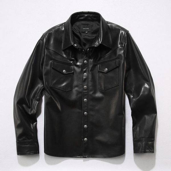 men's leather & faux genuine 2021 band shirts men import baby calf skin smart casual jacket japan fashion motorcycle shirt male, Black 
men's leather & faux genuine 2021 band shirts men import baby calf skin smart casual jacket japan fashion motorcycle shirt male, Black