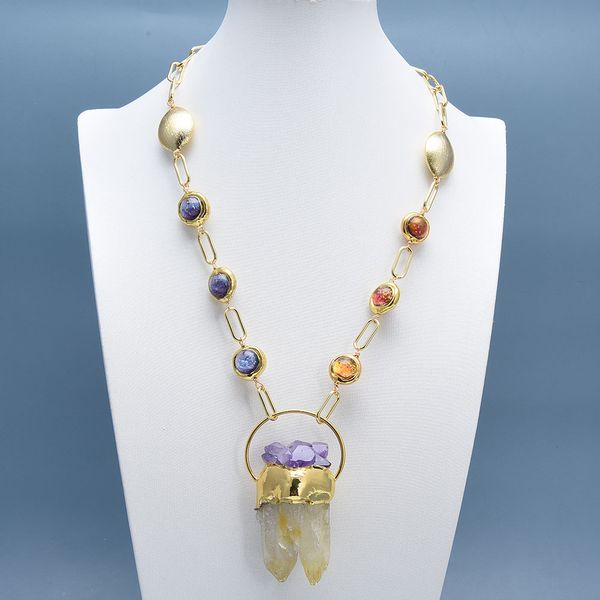 guaiguai jewelry natural purple orange moss glass golden oval beads chain necklace amethyst citrine point raw pendant, Silver
guaiguai jewelry natural purple orange moss glass golden oval beads chain necklace amethyst citrine point raw pendant, Silver
