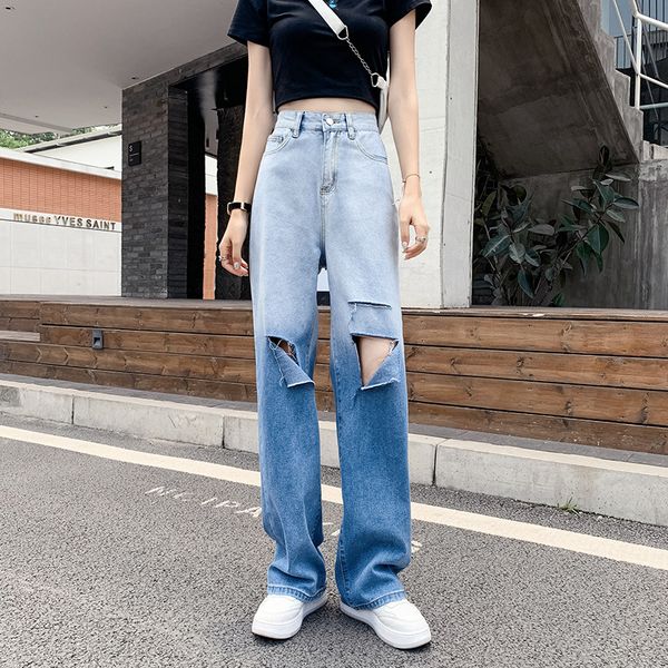 spring and summer new gradient loose wide leg straight hole jeans women jeans, Blue