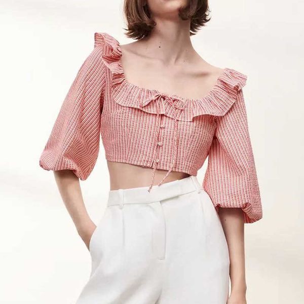 za women shirt ruffled decorative neckline striped summer fashion youth casual street office shirt 210601, White
za women shirt ruffled decorative neckline striped summer fashion youth casual street office shirt 210601, White