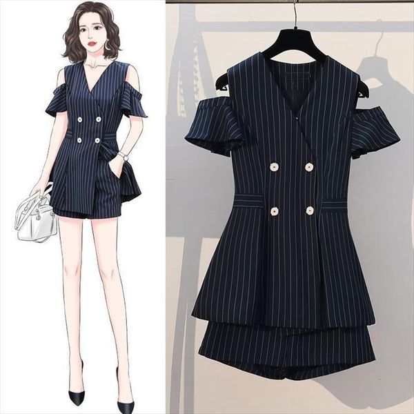 two piece set korean womens tracksuits summer striped casual double breasted blazer coat shorts elegant work suits, Gray
two piece set korean womens tracksuits summer striped casual double breasted blazer coat shorts elegant work suits, Gray