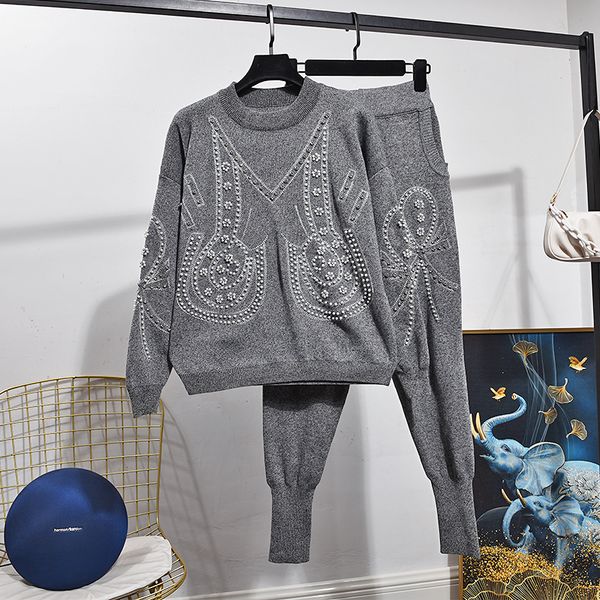 black sports knitted set women tracksuit manual beading flowers sweater harem pants two piece outfits female loose knitting suit f85z, Blue
black sports knitted set women tracksuit manual beading flowers sweater harem pants two piece outfits female loose knitting suit f85z, Blue