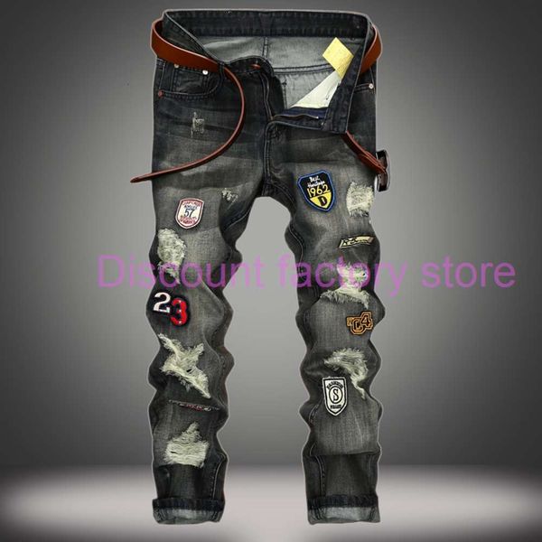 mens fashion designer ripped jeans retro black badge washed biker denim pants hip hop distressed trousers jb163, Blue
mens fashion designer ripped jeans retro black badge washed biker denim pants hip hop distressed trousers jb163, Blue