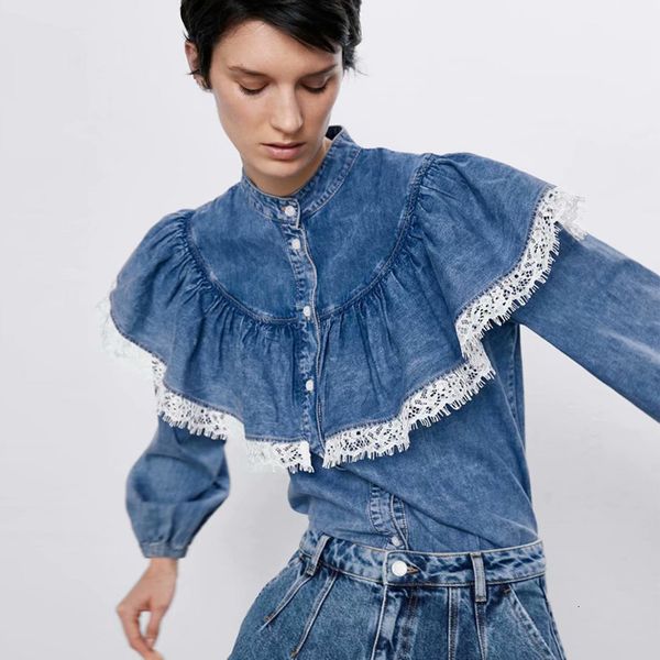 women's jackets splice lace ruffles blue cotton denim women blouse shirts vintage long sleeve autumn blouses casual blusas pavj, Black;brown
women's jackets splice lace ruffles blue cotton denim women blouse shirts vintage long sleeve autumn blouses casual blusas pavj, Black;brown