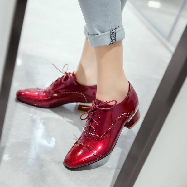 dress shoes 2021 sale plus big small size 32-46 women lace up square toe patent leather spring autumn casual brogue b-4, Black
