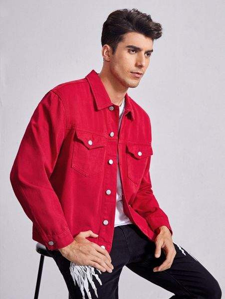 men solid flap pocket denim jacket y9zl#, Blue