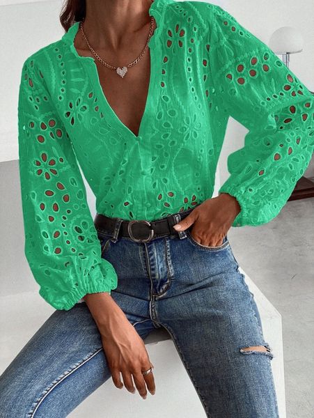 solid eyelet embroidery notched blouse 05vy#, White 
solid eyelet embroidery notched blouse 05vy#, White