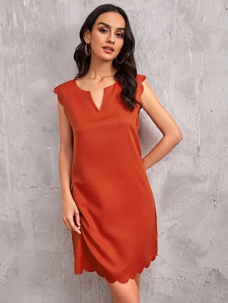 notched neckline scallop trim dress l61b#, Black;gray
notched neckline scallop trim dress l61b#, Black;gray