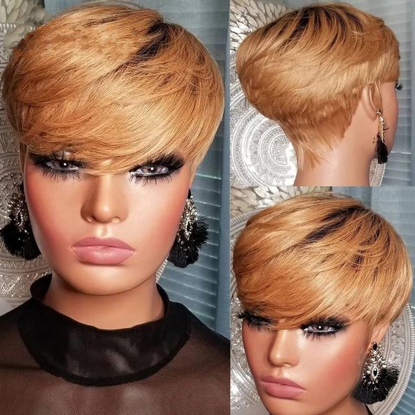 

Ombre T1B/27 Human Hair Short Wigs for Black Women Straight Bob Pixie Honey Blonde Brazilian No Lace Front Wig with Bang, Customize