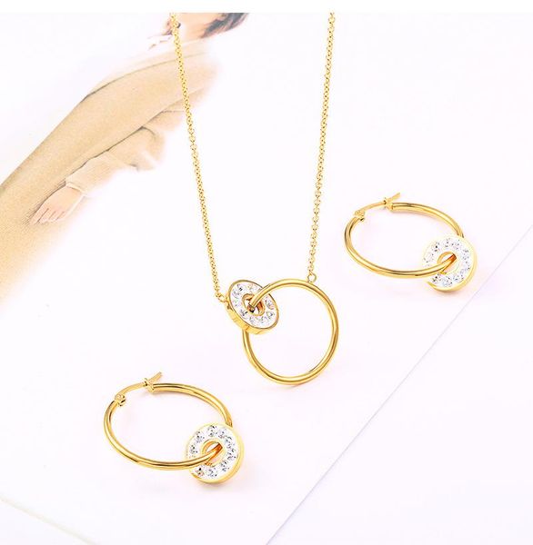 earrings & necklace fashion stainless steel crystal round circle jewelry sets gold color wedding hoop women gift, Silver
earrings & necklace fashion stainless steel crystal round circle jewelry sets gold color wedding hoop women gift, Silver