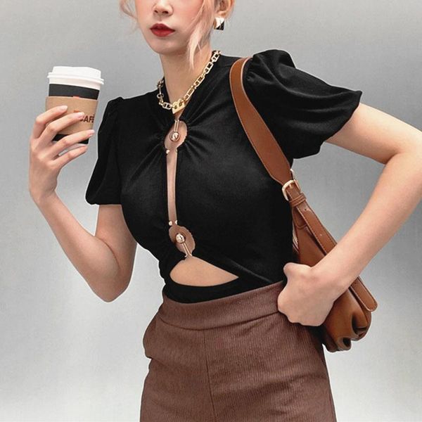 women's t-shirt suitable for black circle hollow slim bodysuit high waist fashion trend spring summer 2021, White
women's t-shirt suitable for black circle hollow slim bodysuit high waist fashion trend spring summer 2021, White