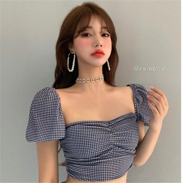 women's t-shirt korean plaid square neck chiffon shirt puff sleeve slim navel short a507, White
women's t-shirt korean plaid square neck chiffon shirt puff sleeve slim navel short a507, White