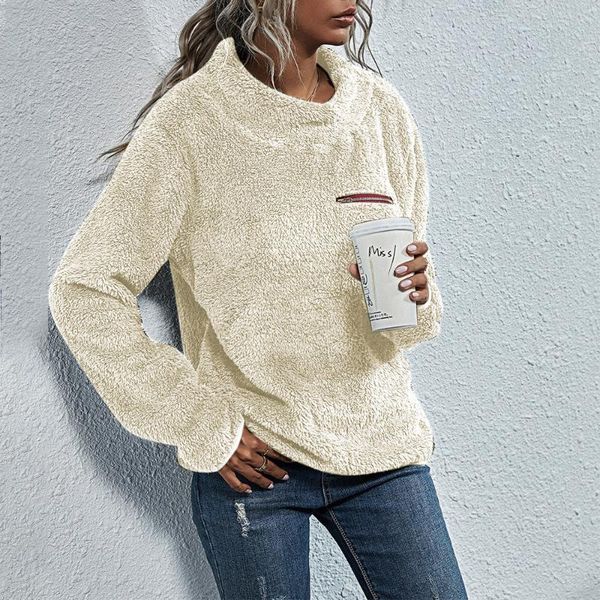 women's t-shirt 2021 fashion winter shaggy turtleneck zipper long sleeve spring/autumn casual femme outwear, White
women's t-shirt 2021 fashion winter shaggy turtleneck zipper long sleeve spring/autumn casual femme outwear, White