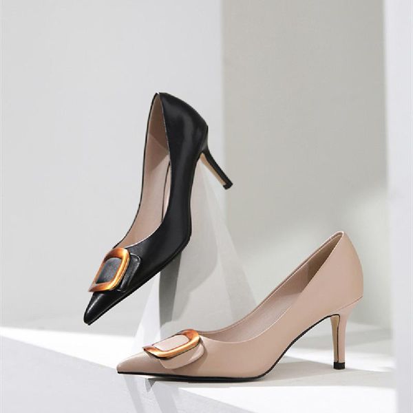 dress shoes 2021 spring/autumn classic women's soft genuine leather high-heel pumps solid pointed toe slip-on ladies, Black